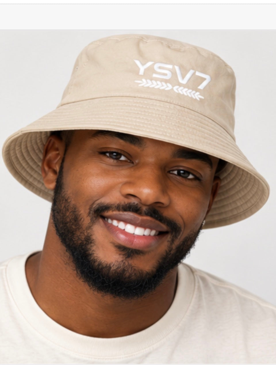 UNISEX BEIGE BUCKET HAT WHITE LOGO
