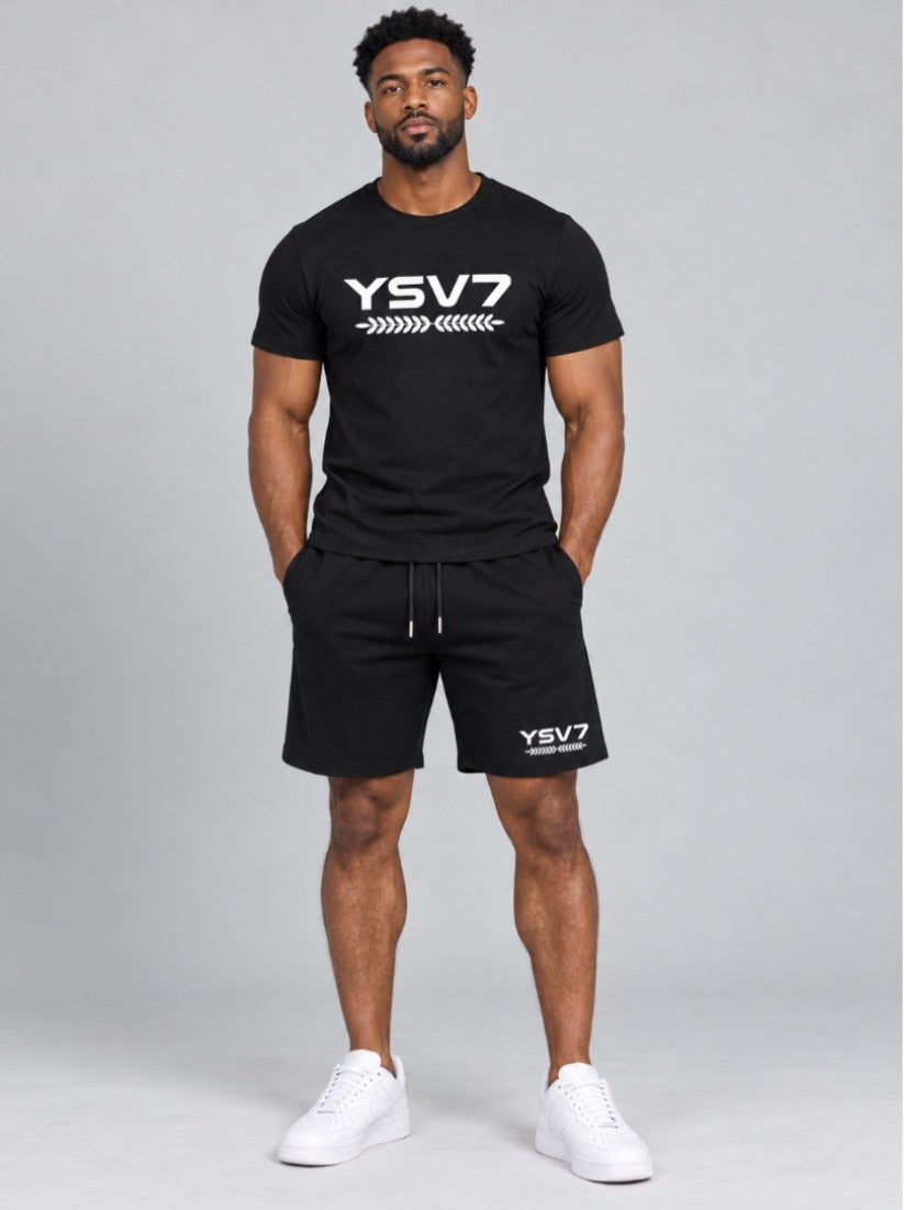 MENS BLACK FITTED SHORT SET WHITE LOGO