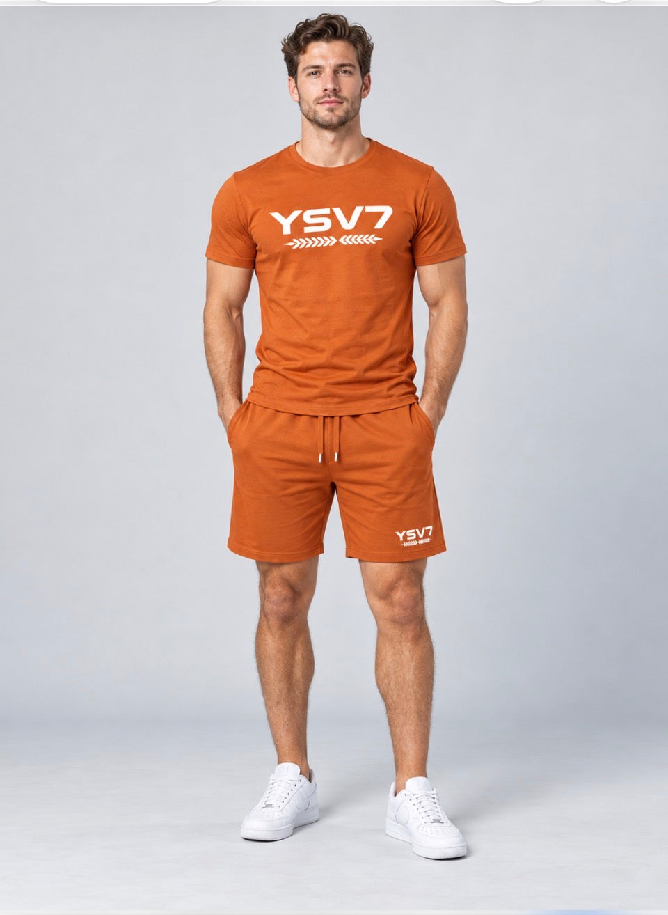 MENS BURNT ORANGE FITTED SHORT SET
