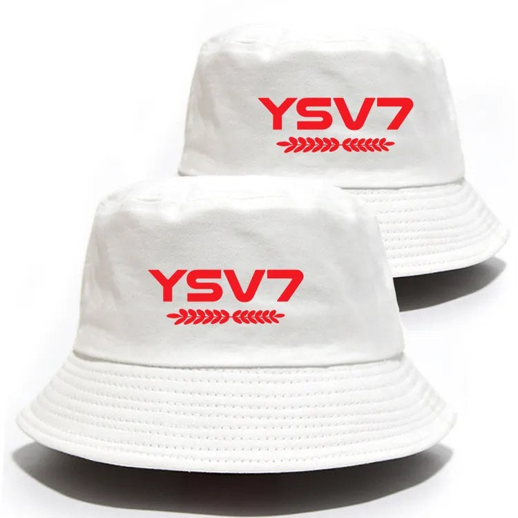 UNISEX WHITE BUCKET HAT RED LOGO