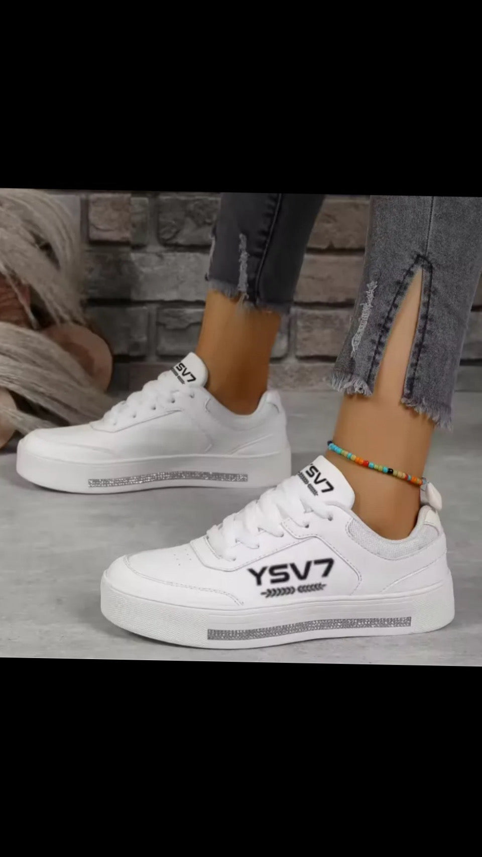 WOMENS WHITE YSV7 DIAMANTE BLACK LOGO TRAINERS