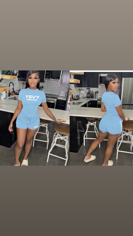 WOMENS FITTED SKY BLUE SHORTS SET WHITE LOGO