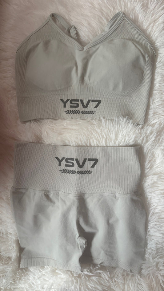 YSV7 Women's Light Grey Sports Bra and Shorts Set
