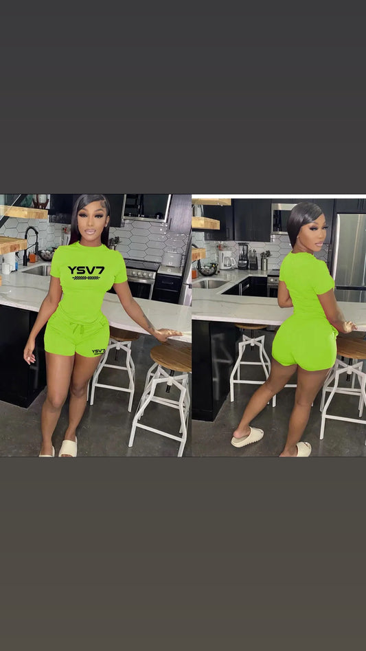 WOMENS FITTED FLORESCENT GREEN SHORT SET BLACK LOGO