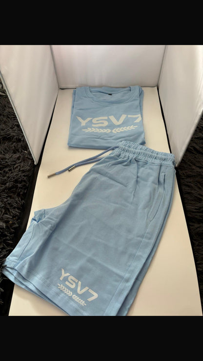 WOMENS FITTED SKY BLUE SHORTS SET WHITE LOGO