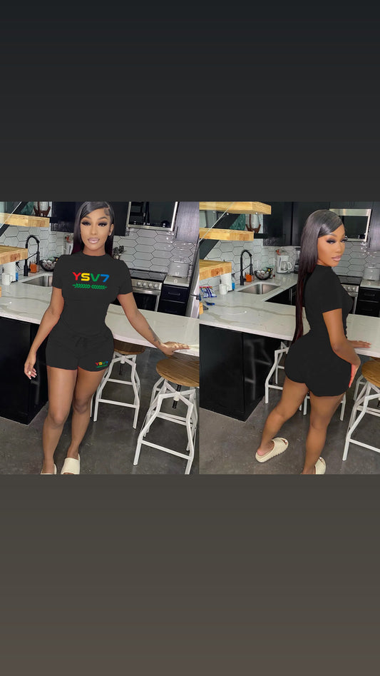 WOMENS FITTED BLACK SHORT SET COLOURFUL LOGO