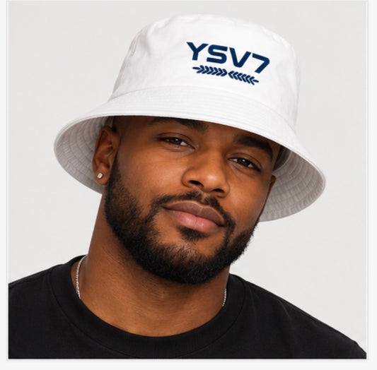 UNISEX WHITE BUCKET HAT BLUE LOGO