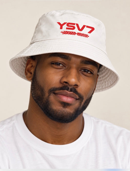 UNISEX WHITE BUCKET HAT RED LOGO