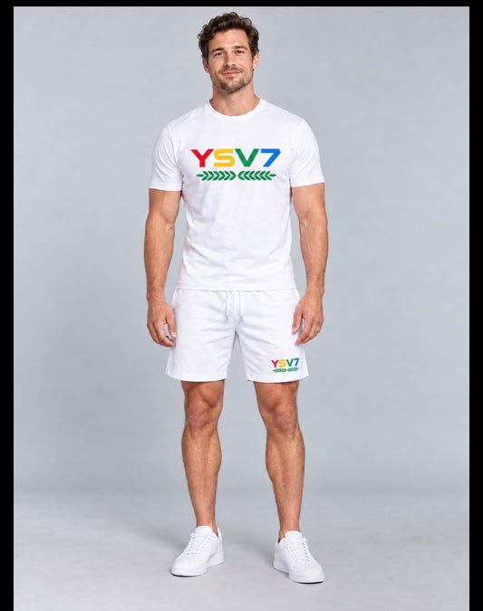 MENS WHITE FITTED SHORT SET COLOURFUL LOGO