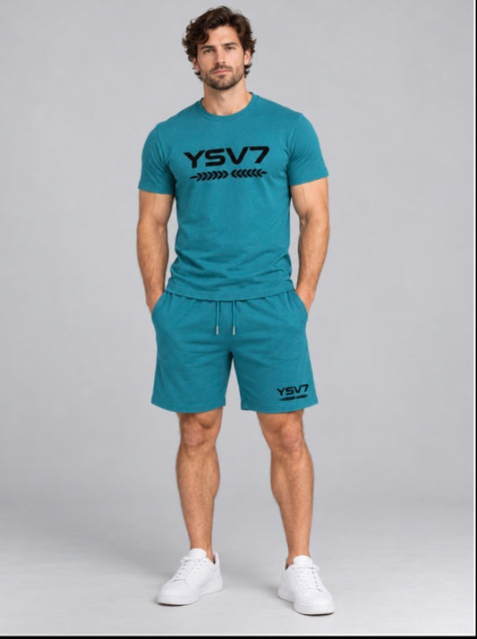MENS TEAL BLUE FITTED SHORT SET