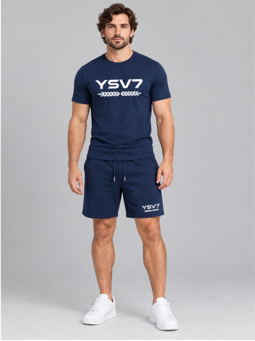 MENS NAVY BLUE FITTED SHORT SET