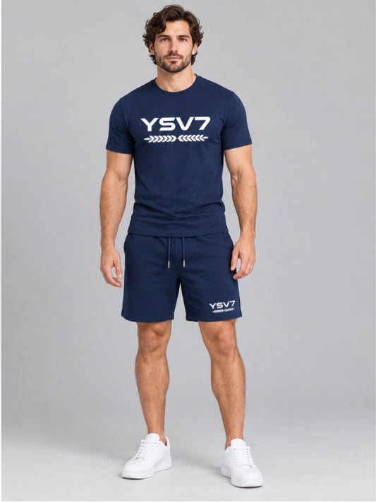 MENS NAVY BLUE FITTED SHORT SET