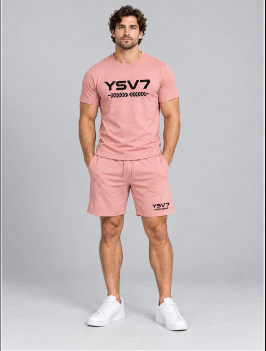 MENS DUSTY PINK FITTED SHORT SET