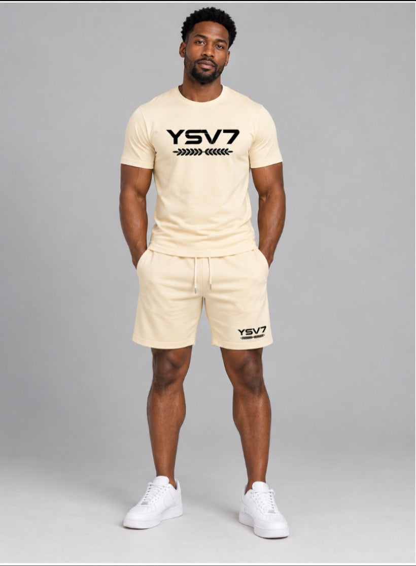 MENS CHAMPAGNE CREAM FITTED SHORT SET