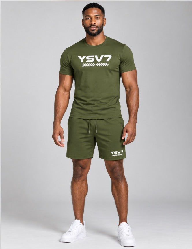 MENS ARMY GREEN FITTED SHORT SET