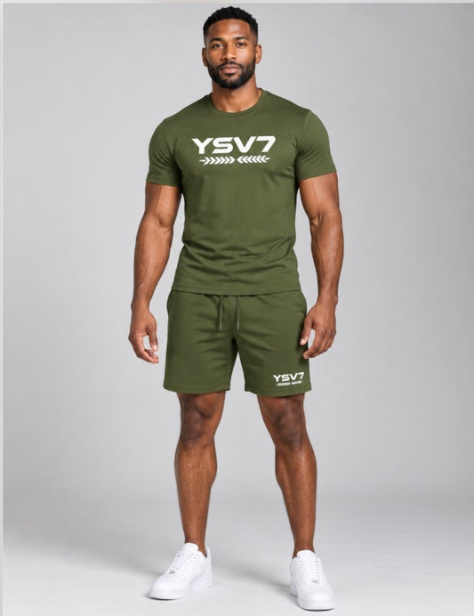 MENS ARMY GREEN FITTED SHORT SET