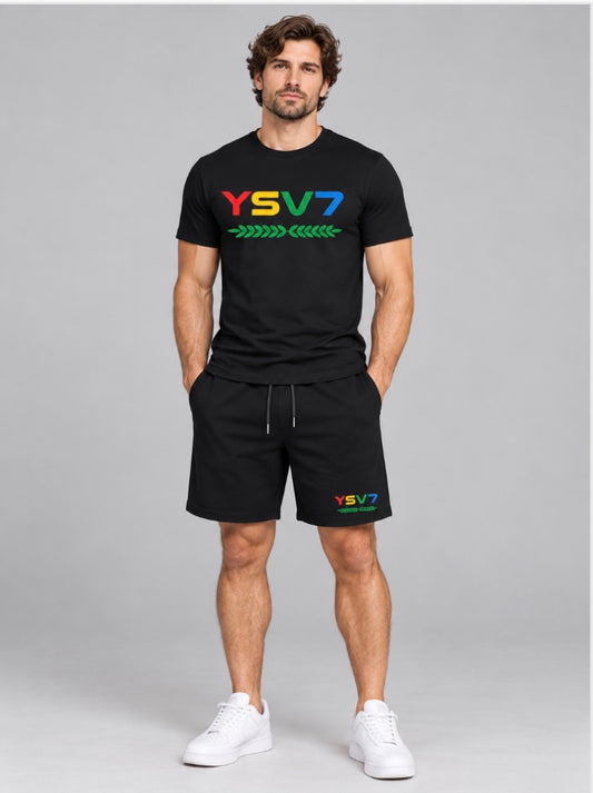 MENS BLACK FITTED SHORT SET COLOURFUL LOGO