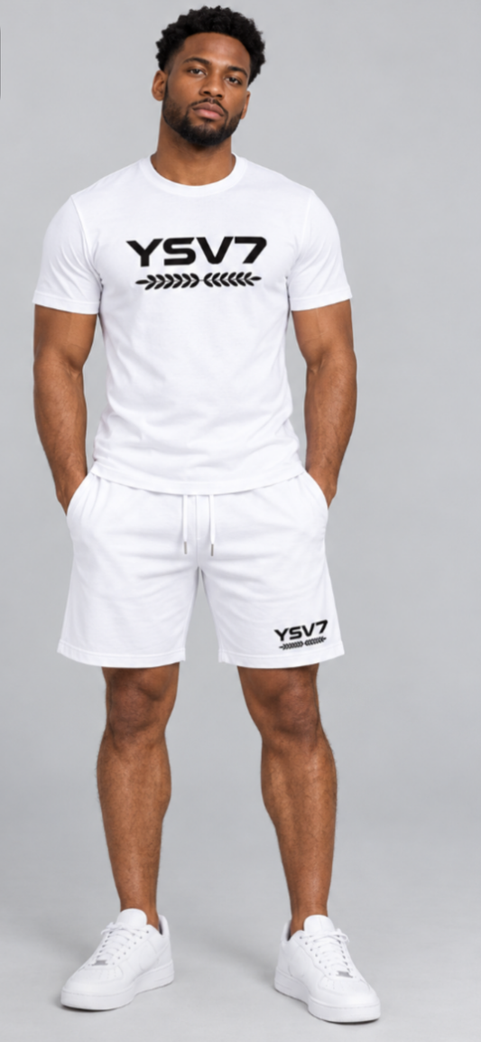 MENS WHITE FITTED SHORT SET BLACK LOGO
