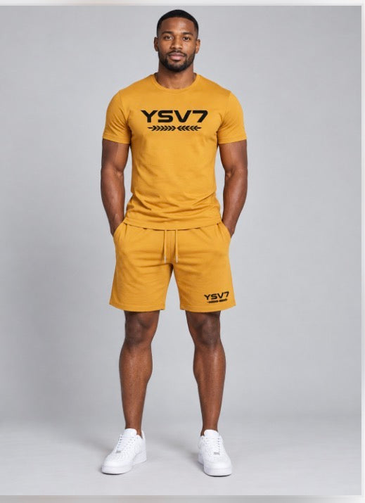 MENS MUSTARD YELLOW FITTED SHORT SET