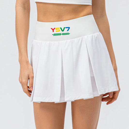 WOMENS WHITE TENNIS SKIRT COLOURFUL LOGO WITH FITTED SHORTS