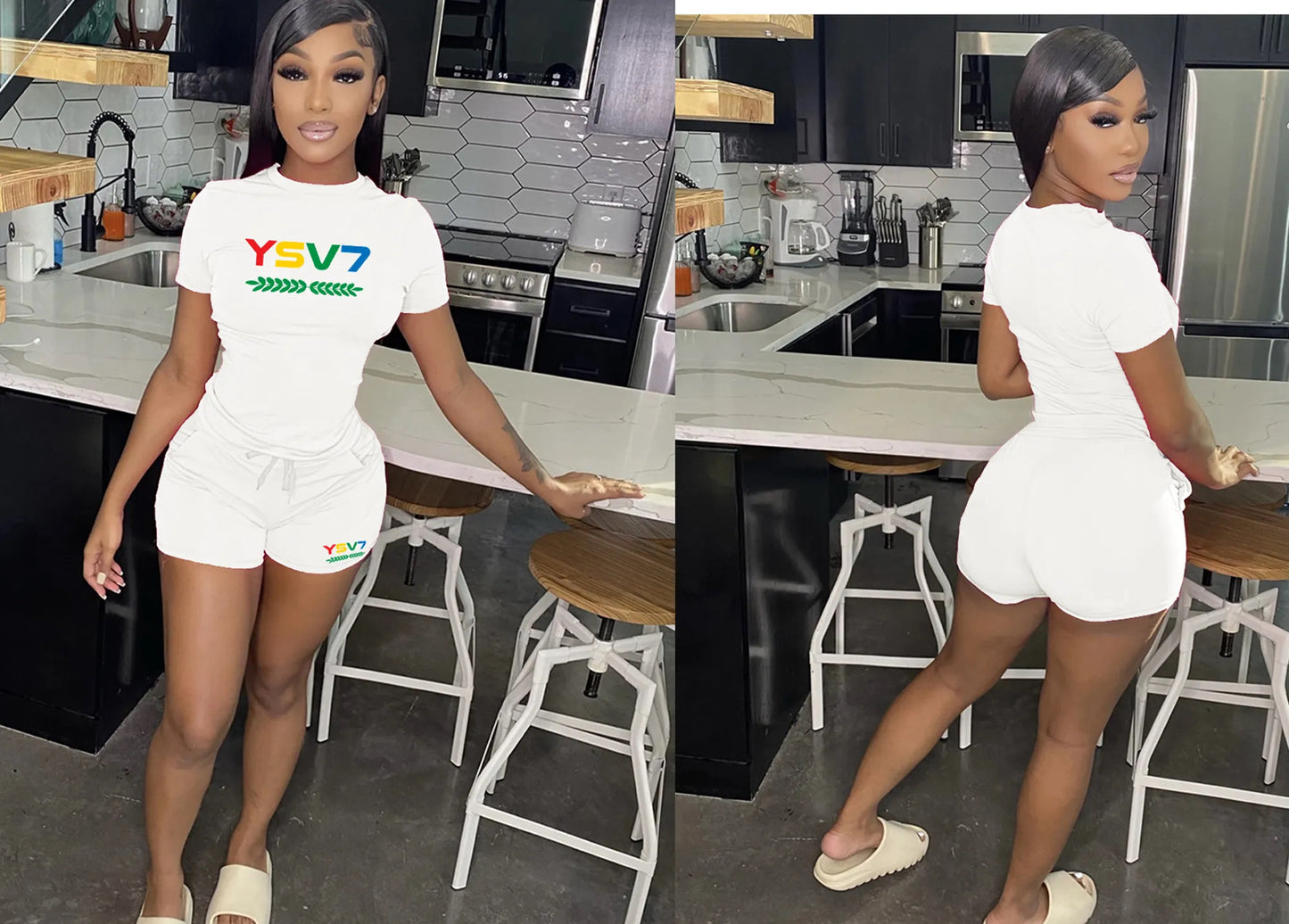 WOMENS FITTED WHITE SHORT SET COLOURFUL LOGO