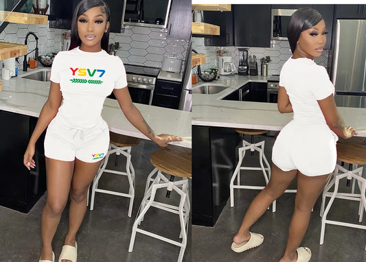 WOMENS FITTED WHITE SHORT SET COLOURFUL LOGO