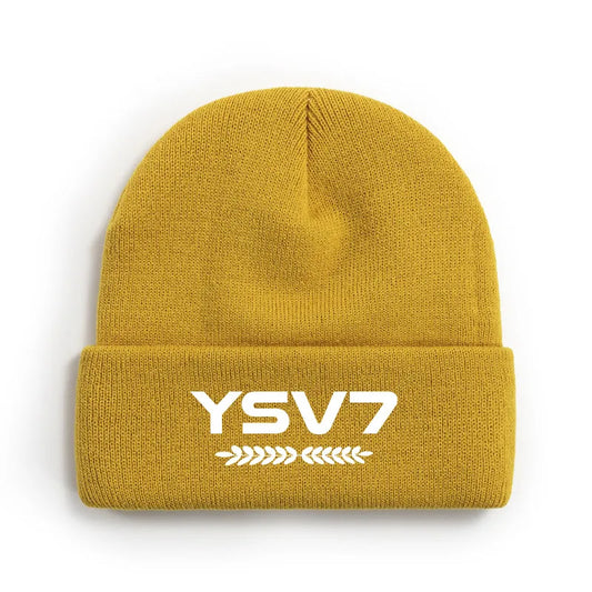 UNISEX MUSTARD BEANIE HAT EMBROIDERED WHITE LOGO