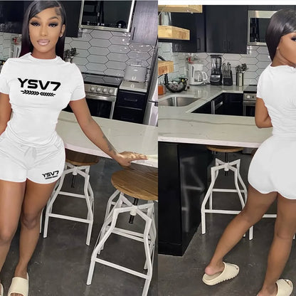 WOMENS FITTED WHITE SHORT SET BLACK LOGO