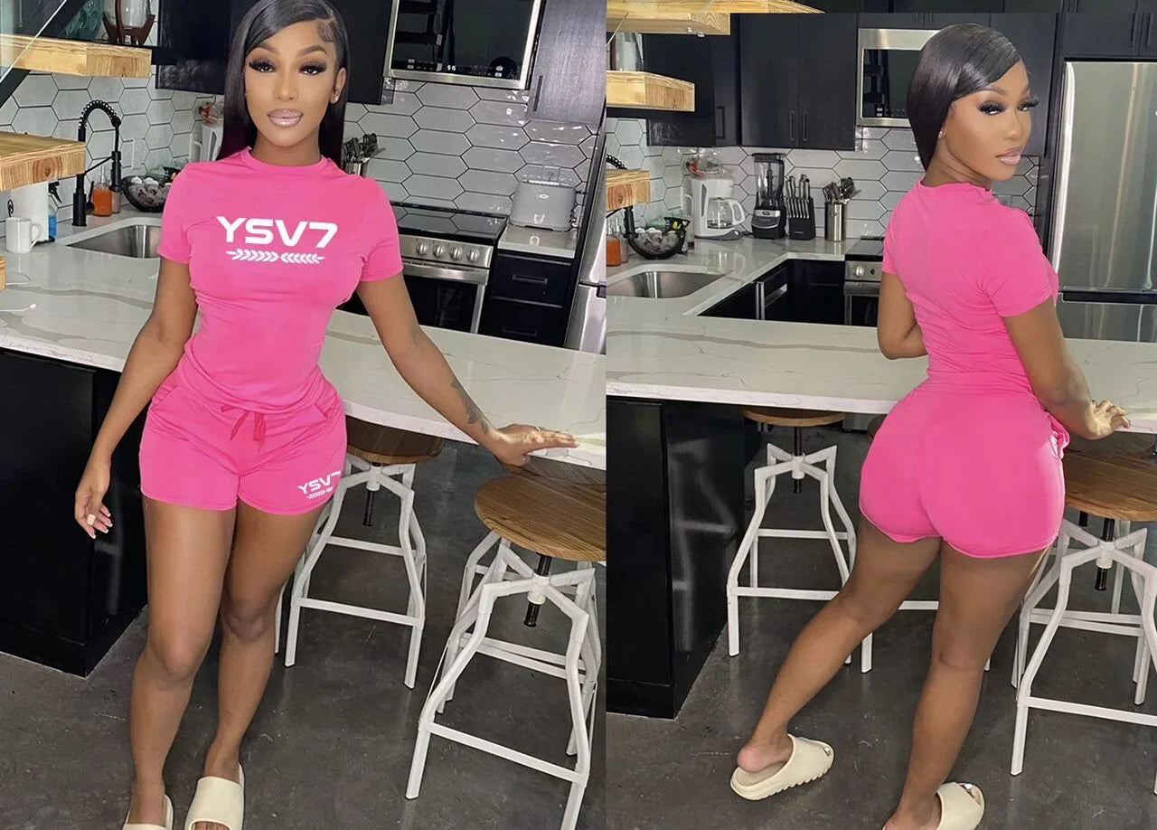 WOMENS FITTED PINK TWO PIECE SHORT SET WHITE LOGO