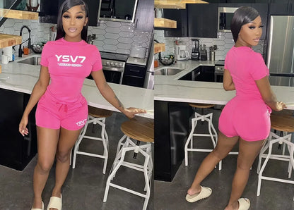 WOMENS FITTED PINK TWO PIECE SHORT SET WHITE LOGO