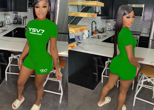 WOMENS FITTED BRIGHT GREEN SHORT SET WHITE LOGO