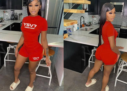 WOMENS FITTED RED SHORT SET WHITE LOGO