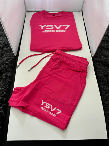 WOMENS FITTED PINK TWO PIECE SHORT SET WHITE LOGO