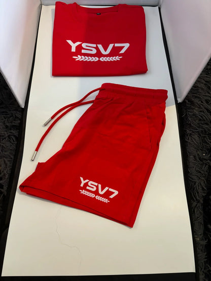 WOMENS FITTED RED SHORT SET WHITE LOGO