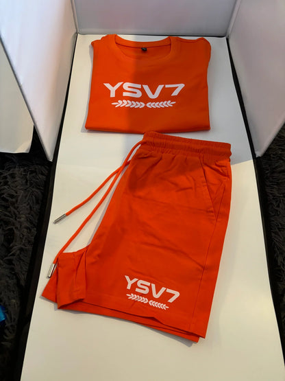 WOMENS FITTED ORANGE SHORT SET WHITE LOGO