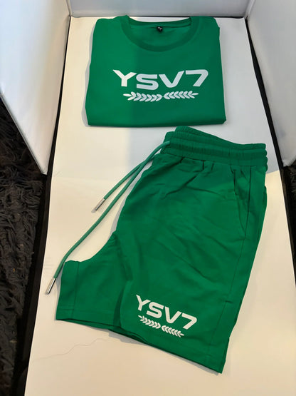 WOMENS FITTED BRIGHT GREEN SHORT SET WHITE LOGO