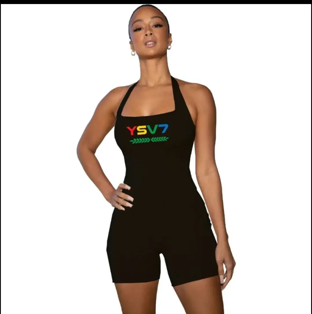 WOMENS SHAPEWEAR HALTERNECK BLACK UNITARD COLOURFUL LOGO
