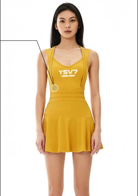 WOMENS MUSTARD FITTED OPEN BACK TENNIS DRESS